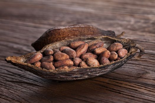 Cocoa pod on wooden background