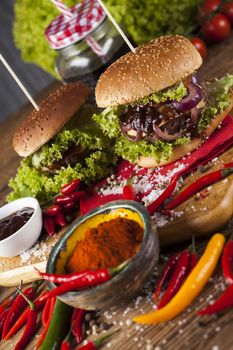 Closeup of homemade hamburger with fresh vegetables