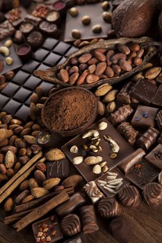 Chocolate bars and pralines on wooden background