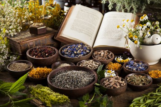 Natural medicine on wooden table background