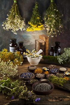 Herbs, berries and flowers with mortar, on wooden table background