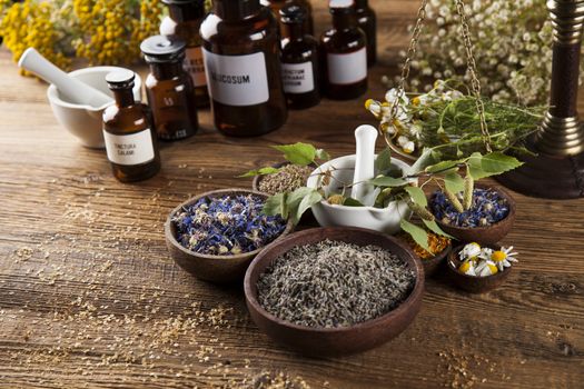 Natural remedy and mortar, healing herbs background