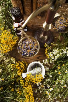 Book and Herbal medicine on wooden table background