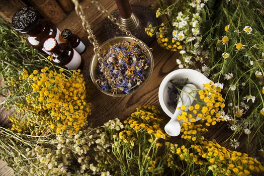 Book and Herbal medicine on wooden table background