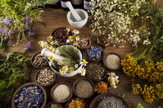 Healing herbs on wooden table, mortar and herbal medicine