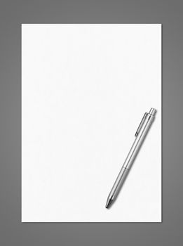 Blank White A4 paper sheet and pen mockup template isolated on dark grey background
