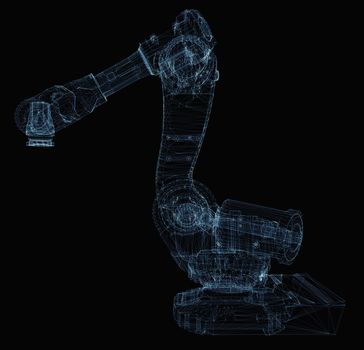 Industrial robot arm consisting of luminous lines and dots. 3d illustration on a black background