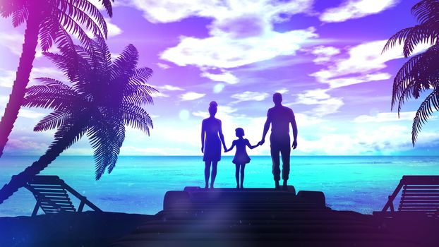 A happy family is standing on the beach and admiring the blue ocean. The sun shines into the camera leaving glare on the lens from which only the silhouettes of people are visible.