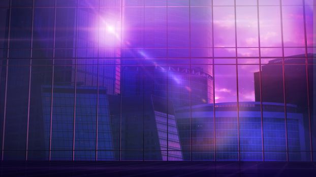 Purplish purple large office building in front of a panoramic glass window.