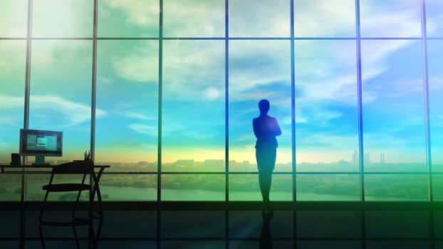 In the large office opposite the panoramic window stands the silhouette of the business lady.