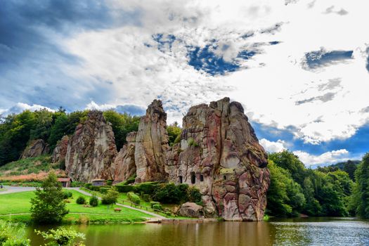 The Externsteine, striking sandstone rock formation in the Teutoburg Forest, Germany, North Rhine Westphalia