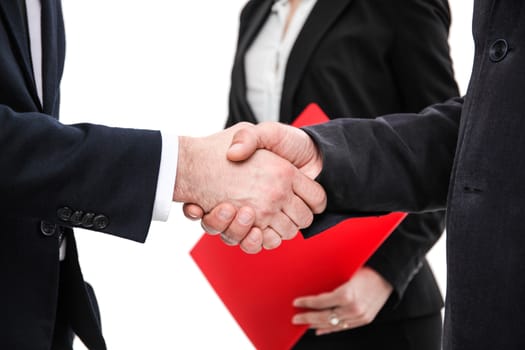 Business people shaking hands, finishing up a meeting, isolated on white background