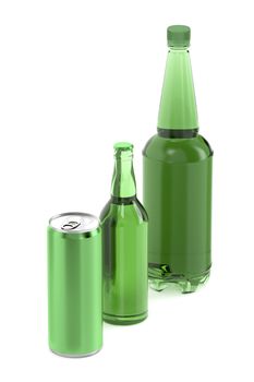 Three different types of beer containers, plastic and glass bottles and can