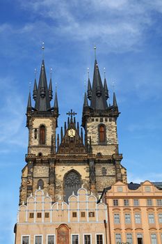 Low angle view of Cathedral of Our Lady before Tyn over clear blue sky, Prague, Czech Republic