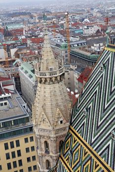 View of Vienna city over roof towers of St Stephen Cathedral (Stephansdom), day, high angle view