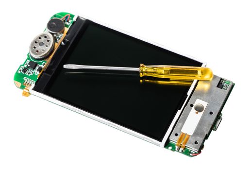 disassembled mobile phone on white isolated background