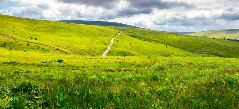 road through grassy hillside. beautiful panorama of summer landscape in mountain on a cloudy day. travel destination concept