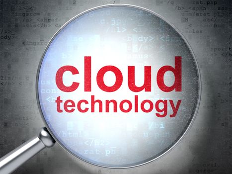Cloud networking concept: magnifying optical glass with words Cloud Technology on digital background, 3D rendering