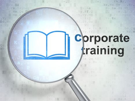 Education concept: magnifying optical glass with Book icon and Corporate Training word on digital background, 3D rendering