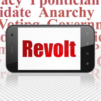 Politics concept: Smartphone with  red text Revolt on display,  Tag Cloud background, 3D rendering