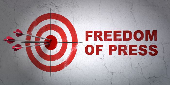 Success politics concept: arrows hitting the center of target, Red Freedom Of Press on wall background, 3D rendering