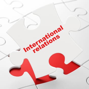 Political concept: International Relations on White puzzle pieces background, 3D rendering