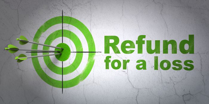 Success Insurance concept: arrows hitting the center of target, Green Refund For A Loss on wall background, 3D rendering