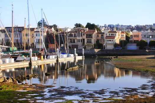 California yacht harbor with the San Francisco skyline in the background