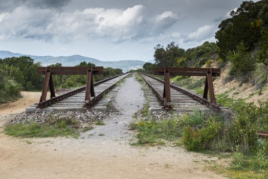 buffer at the end of railraod track in sardinia near golfo aranchi in italy