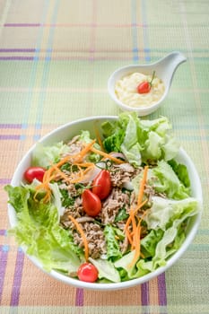 fresh organic salad with tuna in white bowl served with cream sauce