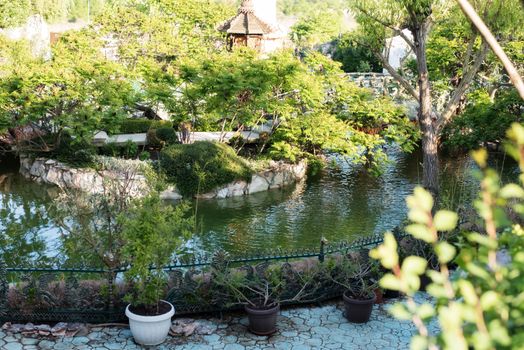 Beautiful pond and footbridges surrounded with trees in front of an ancient castle. Alley in beautiful garden with flowers and trees around. Summer in the garden