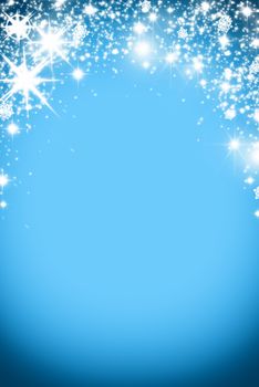 Christmas background with luminous garland with stars, snowflakes and place for text. Blue sparkly holiday background with copy space. Silver and gold background