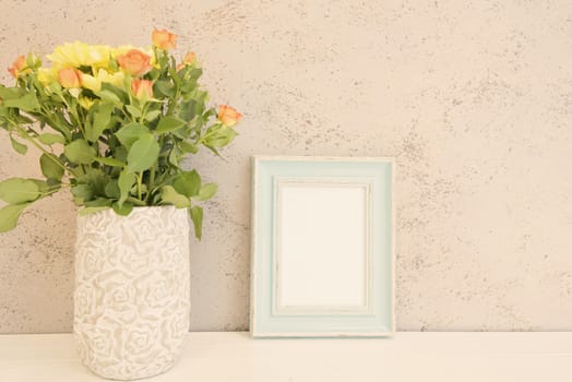 Blue Frame Mock Up, Digital MockUp, Display Mockup, Sea Styled Stock Photography Mockup, Colorful Desktop Mock Up. Rustic vase with orange roses and yellow chrysanthemums. White background, empty place, copy space. Vintage tinted