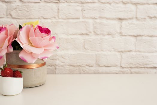 Pink Roses Mock Up. Styled Photography. Brick Wall Product Display. Strawberries On White Desk. Vase With Pink Roses. Fashion Lifestyle