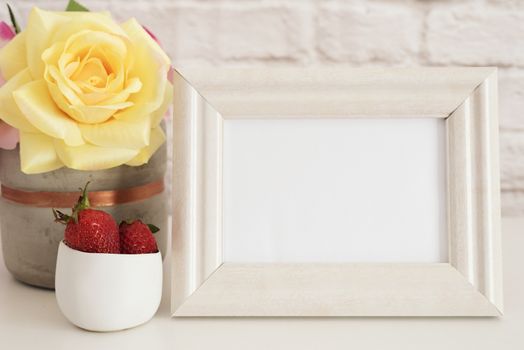 Frame Mockup. White Frame Mock Up. Cream Picture Frame, Vase With Pink Roses, Strawberries In Gold Bowl. Product Frame Mockup. Wall Art Display Template, Brick Wall