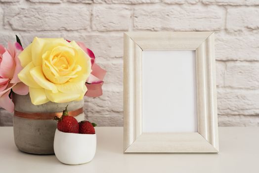 Frame Mockup. White Frame Mock Up. Cream Picture Frame, Vase With Pink Roses, Strawberries In Gold Bowl. Product Frame Mockup. Wall Art Display Template, Brick Wall