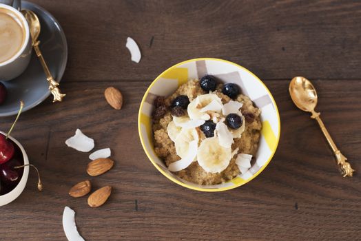 Almond Milk Quinoa With Fresh Fruits, Cherries And Coffee. Healthy Breakfast, Lifestyle Concept. Top View. Dark Wooden Background. Fitness Mood Diet. Summer Light Snack