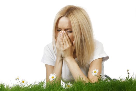 Woman sneezing of spring and pollen allergy,isolated on white background