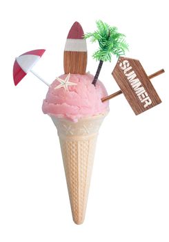 Summer strawberry icecream with beach items including parasol, pine tree and beach sign