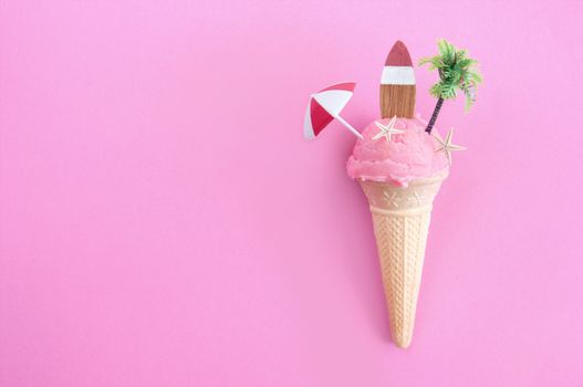 Strawberry icecream with parasol, surfboard and pine tree