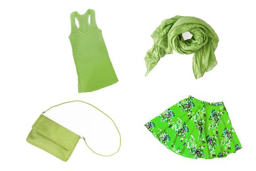 collage of fashionable green summer-spring female clothes and accessories isolated on white background. View from above