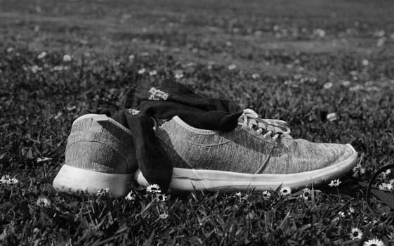 shoes on grass in black and white