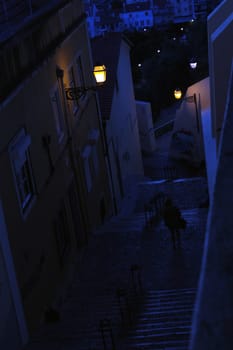 Lisbon alleys in nocturnal cold colors