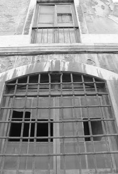 abandoned prison in black and white