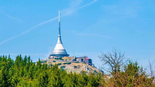 Jested - unique architectural building. Hotel and TV transmitter on the top of Jested Mountain, Liberec, Czech Republic.