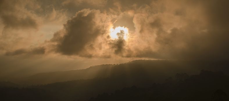 View of the Maleny mountains hinterlands, Sunshine Coast in the late afternoon.