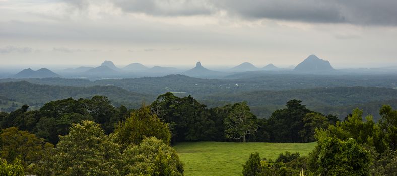 View of the Maleny mountains hinterlands, Sunshine Coast in the late afternoon.