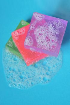 Different handmade soaps and foam