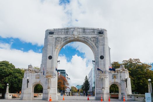 Bridge of Remembrance in the cloudy day. The landmark located in the city centre of Christchurch, New Zealand.