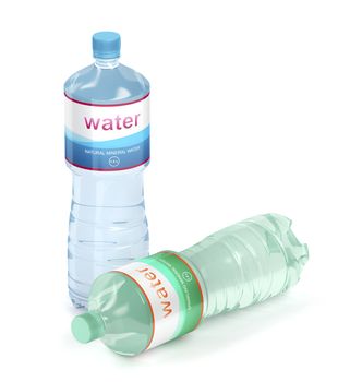 Mineral and sparkling water bottles on white background 